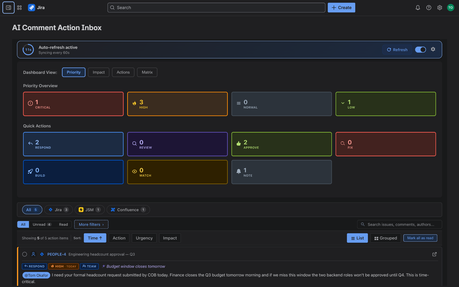 AI Comment Action Inbox dashboard showing priority overview with Critical, High, Normal and Low urgency counts and the action inbox list below