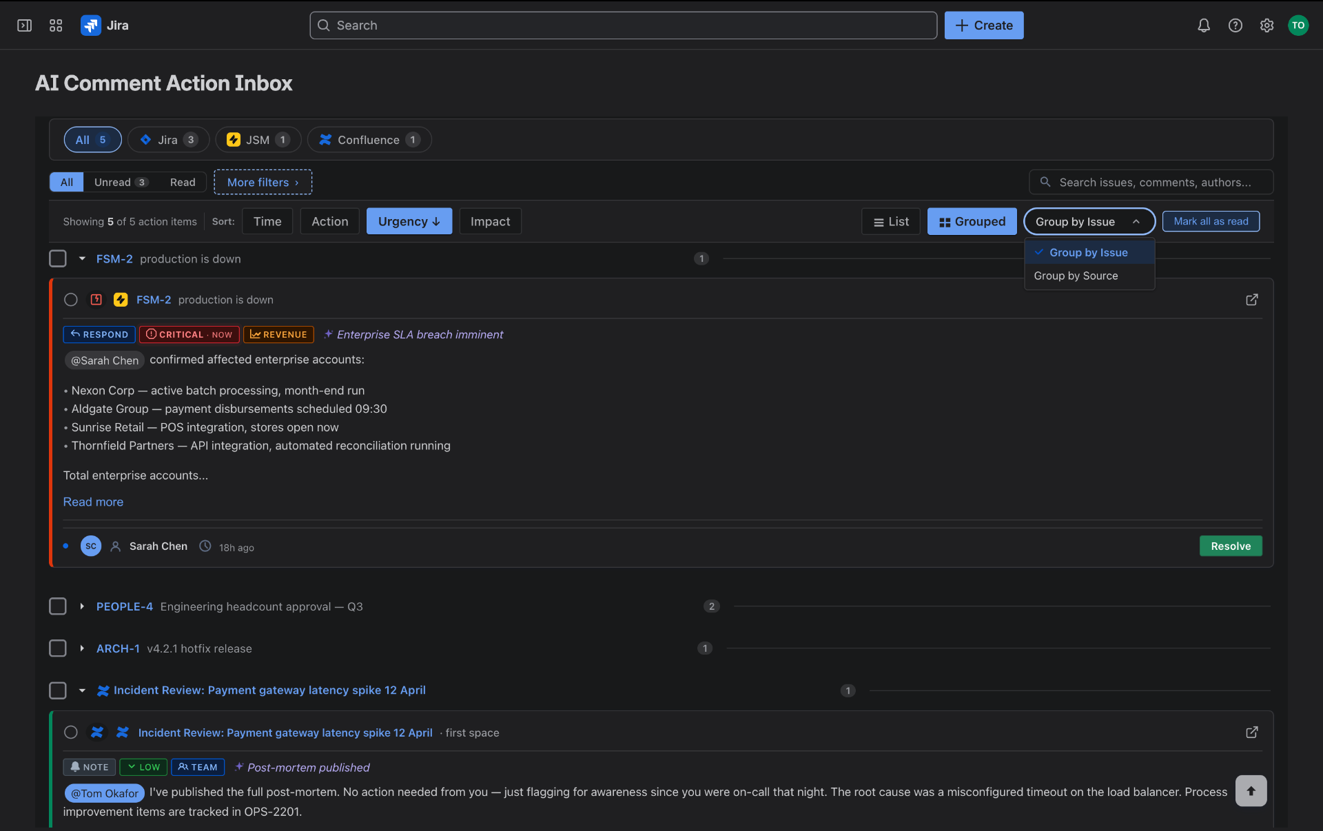AI Comment Action Inbox grouped by issue view showing a P1 production incident with CRITICAL urgency and REVENUE impact classification expanded at the top