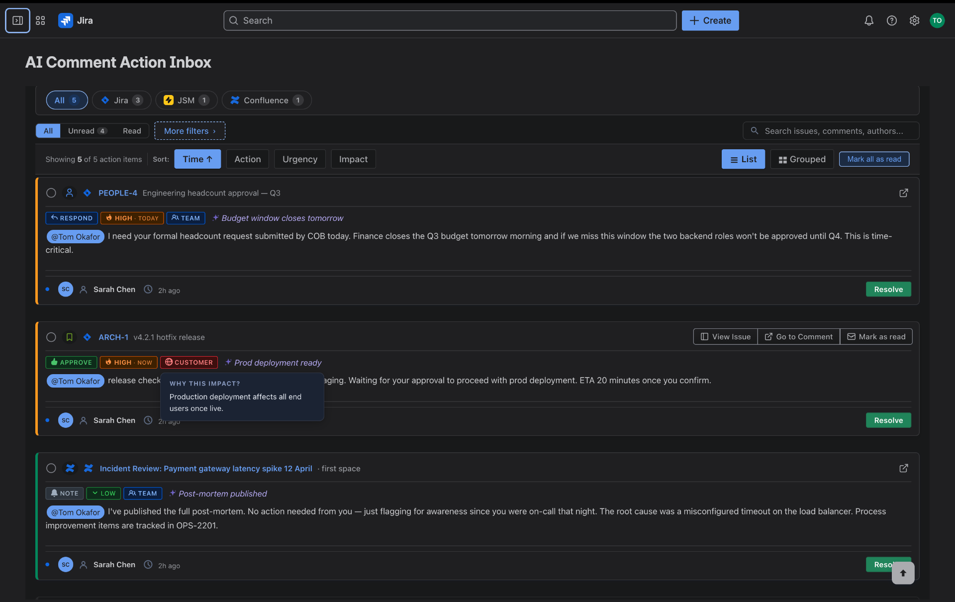 AI Comment Action Inbox list view showing three classified comment cards with Action, Urgency and Impact badges and an inline tooltip explaining impact reasoning